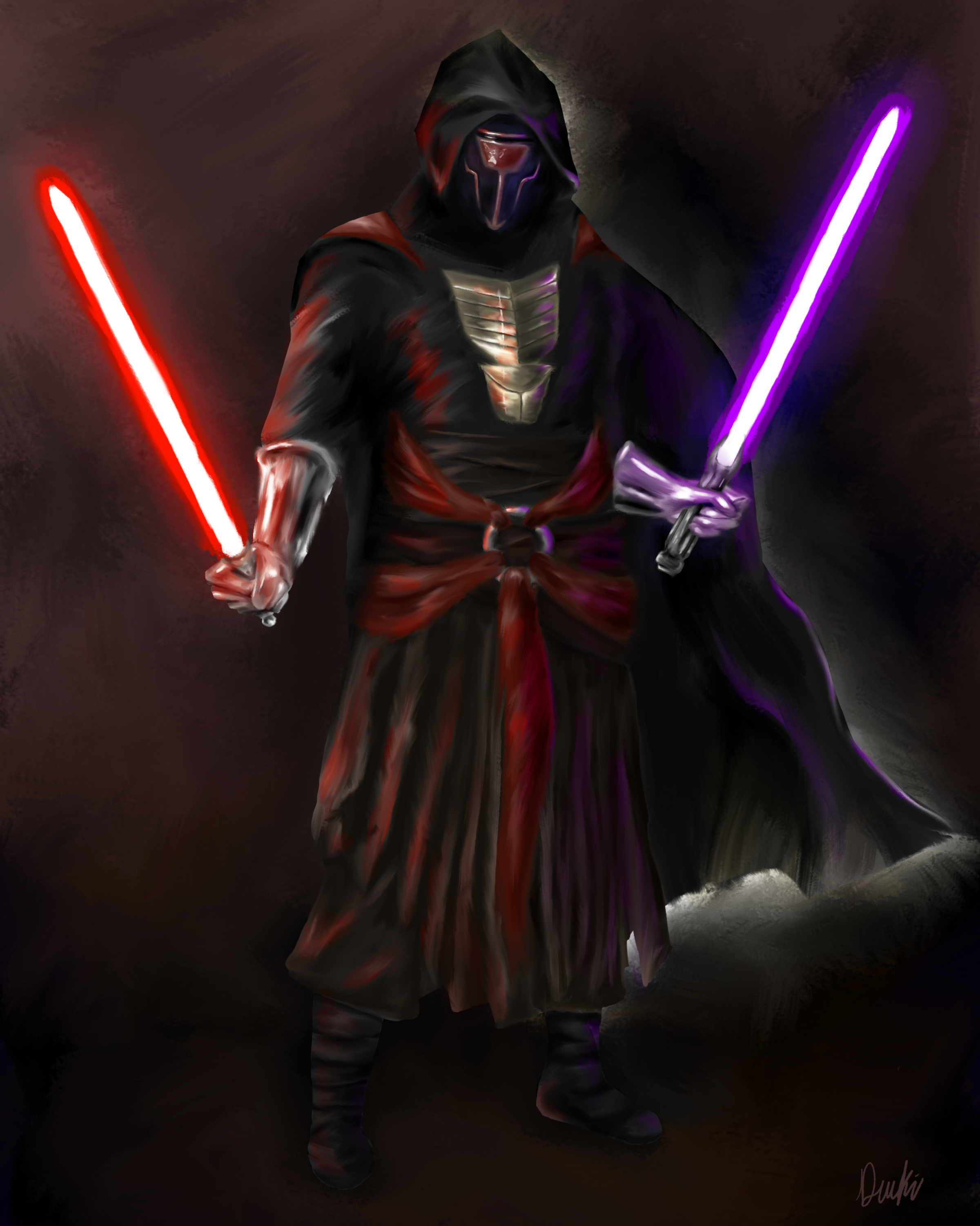 A Sith Lord with two lightsabers.